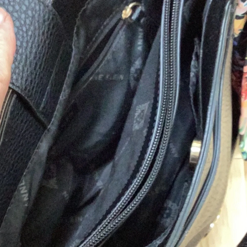 Anne Klein Elegant Pebbled Black Vegan Leather‎ Handbag With Floral Accent Scarf